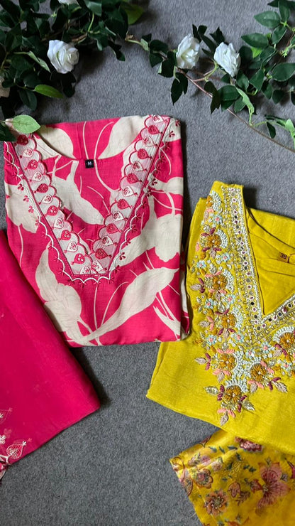 Rayon pink embroidery 3 piece kurti suit
