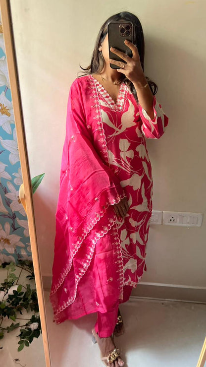 Rayon pink embroidery 3 piece kurti suit