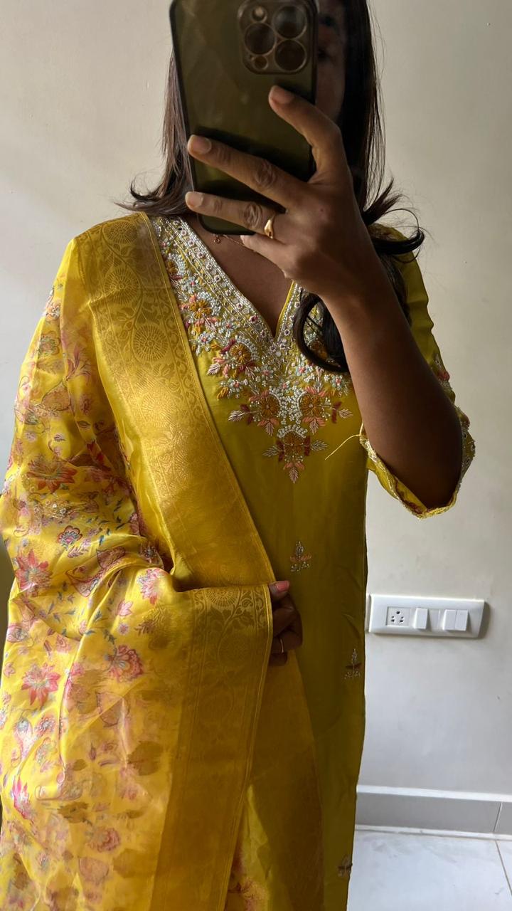 Yellow chinnon embroidery 3 piece kurti suit