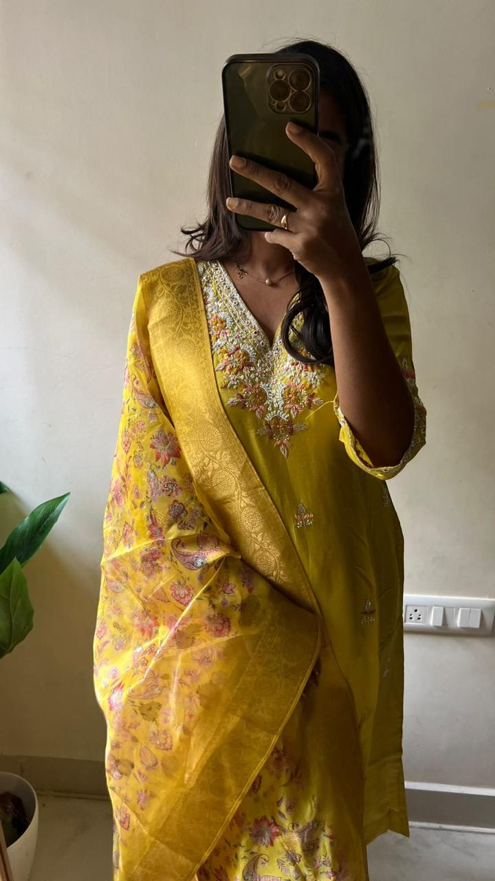 Yellow chinnon embroidery 3 piece kurti suit
