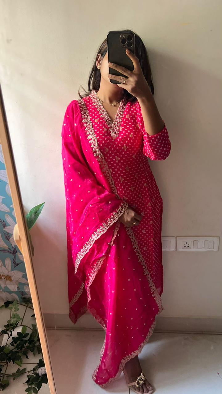 Pink muslin embroidery 3 piece kurti suit