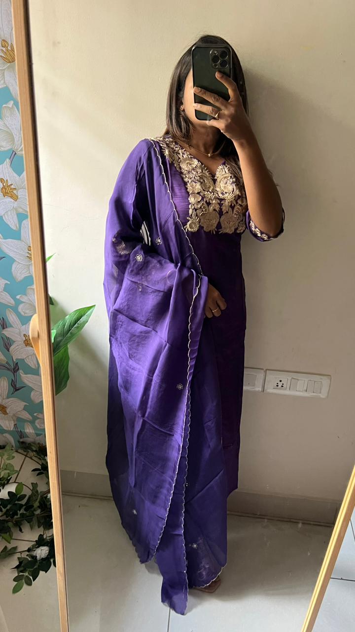 Purple rayon embroidery 3 piece kurti suit
