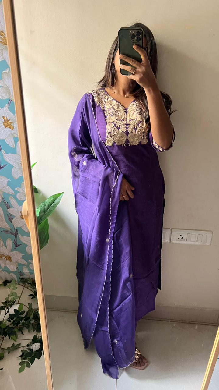 Purple rayon embroidery 3 piece kurti suit