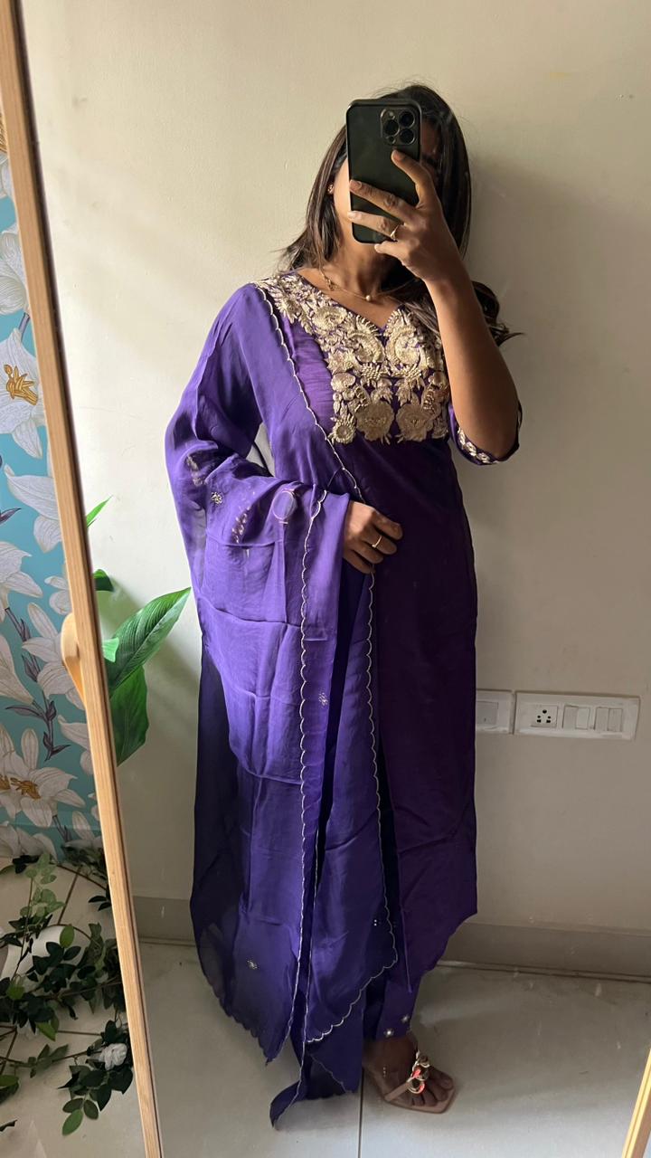 Purple rayon embroidery 3 piece kurti suit