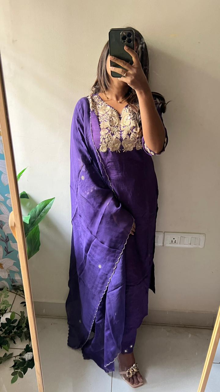 Purple rayon embroidery 3 piece kurti suit