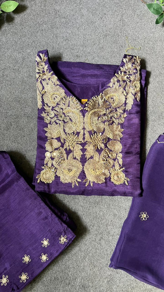 Purple rayon embroidery 3 piece kurti suit