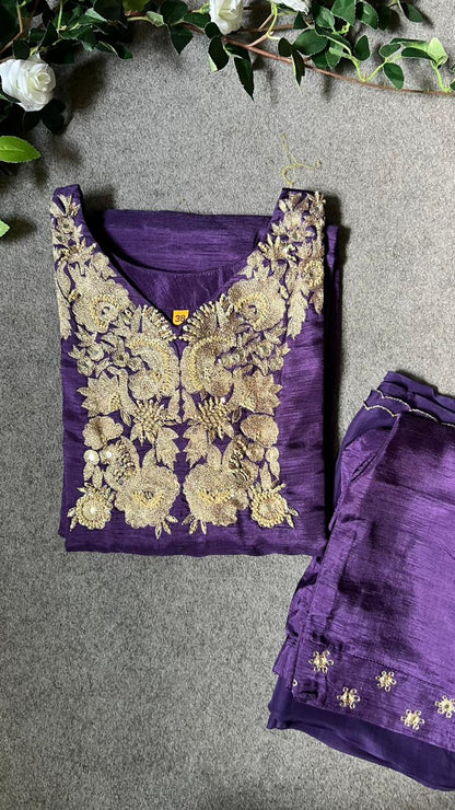 Purple rayon embroidery 3 piece kurti suit