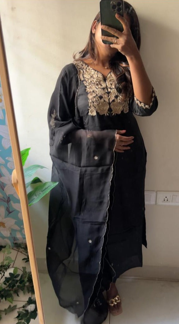 Black rayon embroidery 3 piece kurti suit