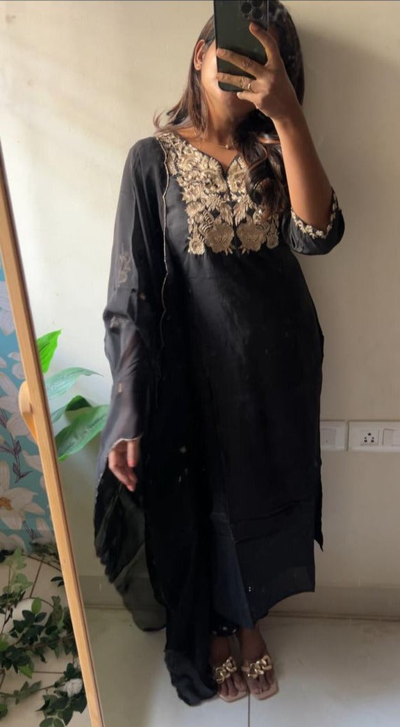 Black rayon embroidery 3 piece kurti suit