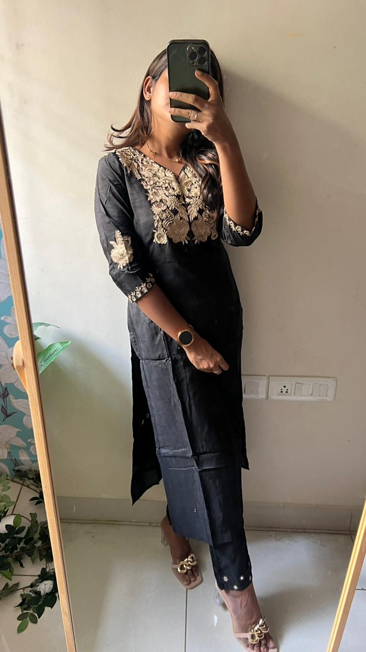 Black rayon embroidery 3 piece kurti suit