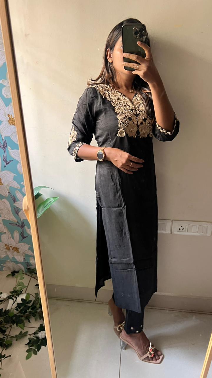 Black rayon embroidery 3 piece kurti suit