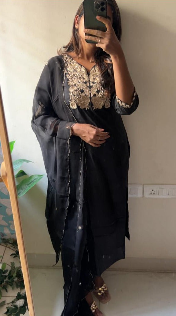 Black rayon embroidery 3 piece kurti suit