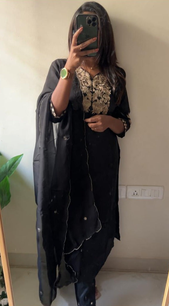 Black rayon embroidery 3 piece kurti suit