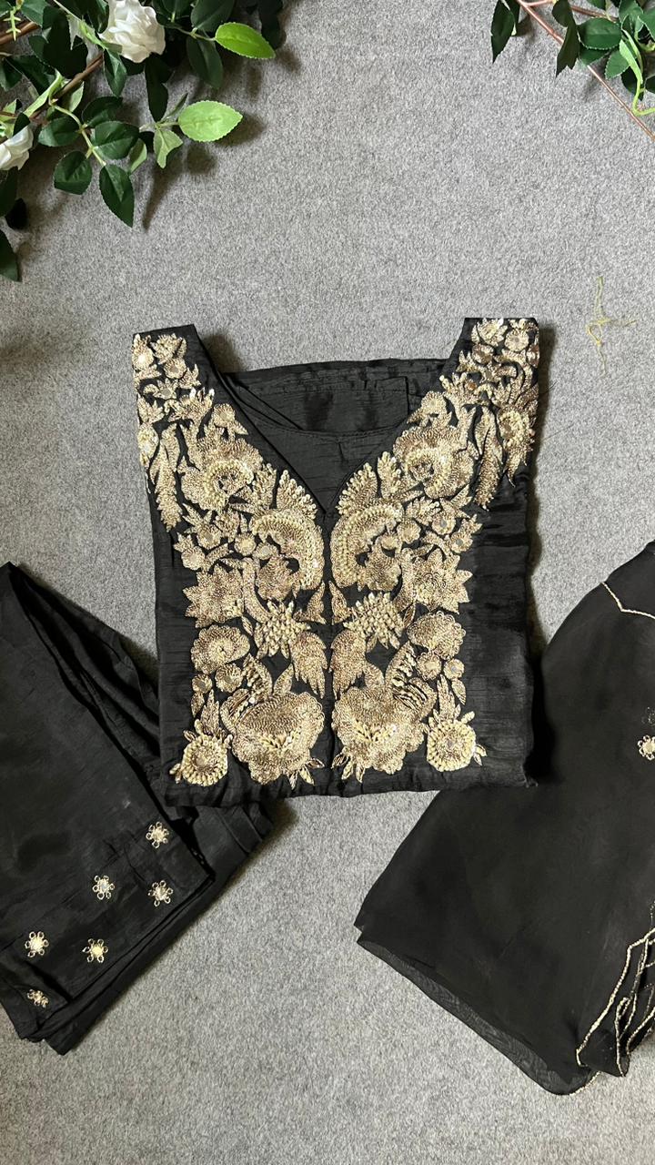Black rayon embroidery 3 piece kurti suit