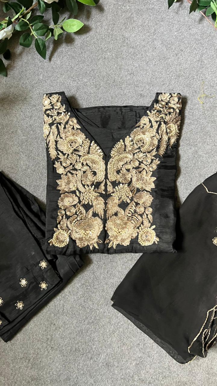 Black rayon embroidery 3 piece kurti suit