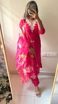 Pure rayon pink embroidery 3 piece kurti suit