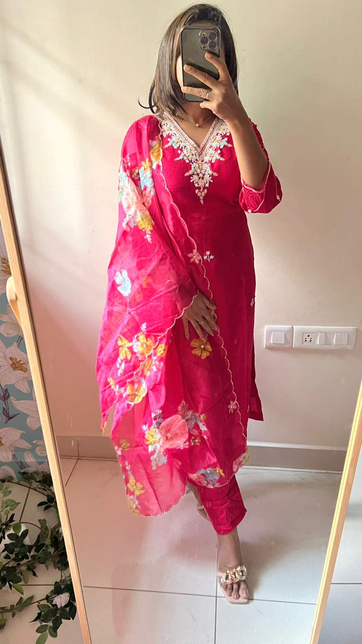 Pure rayon pink embroidery 3 piece kurti suit