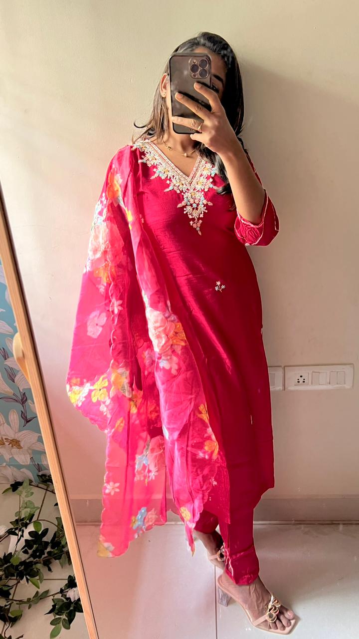 Pure rayon pink embroidery 3 piece kurti suit