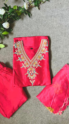 Pure rayon pink embroidery 3 piece kurti suit