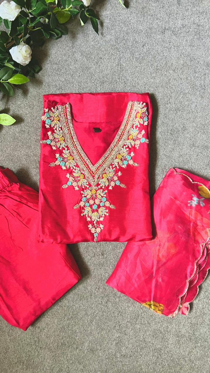 Pure rayon pink embroidery 3 piece kurti suit