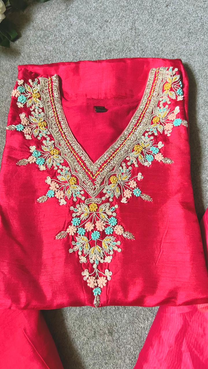 Pure rayon pink embroidery 3 piece kurti suit