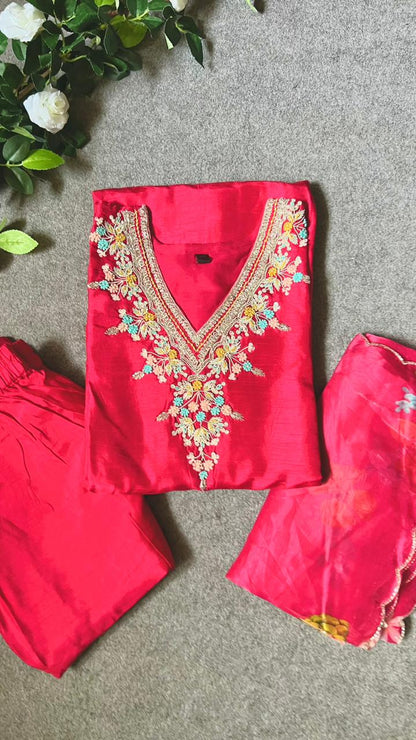 Pure rayon pink embroidery 3 piece kurti suit