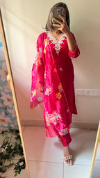 Pure rayon pink embroidery 3 piece kurti suit