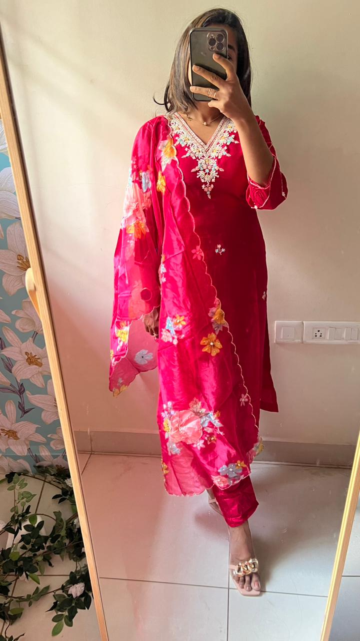 Pure rayon pink embroidery 3 piece kurti suit