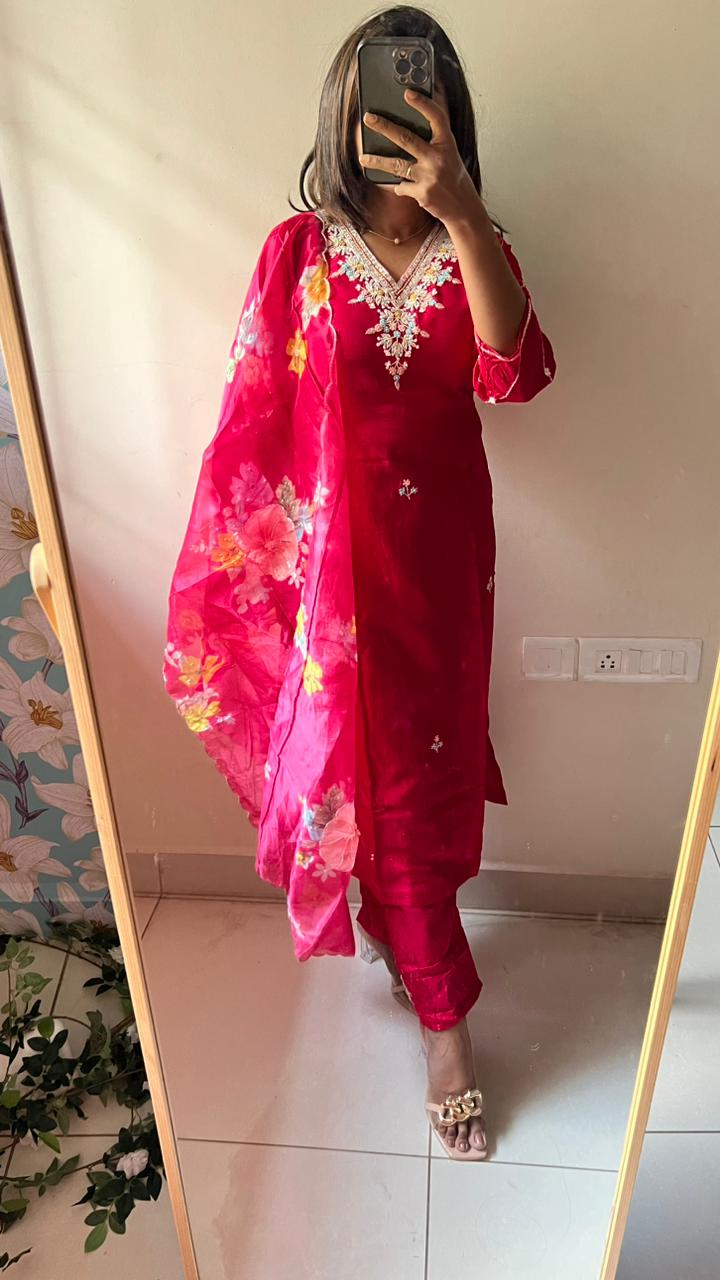 Pure rayon pink embroidery 3 piece kurti suit