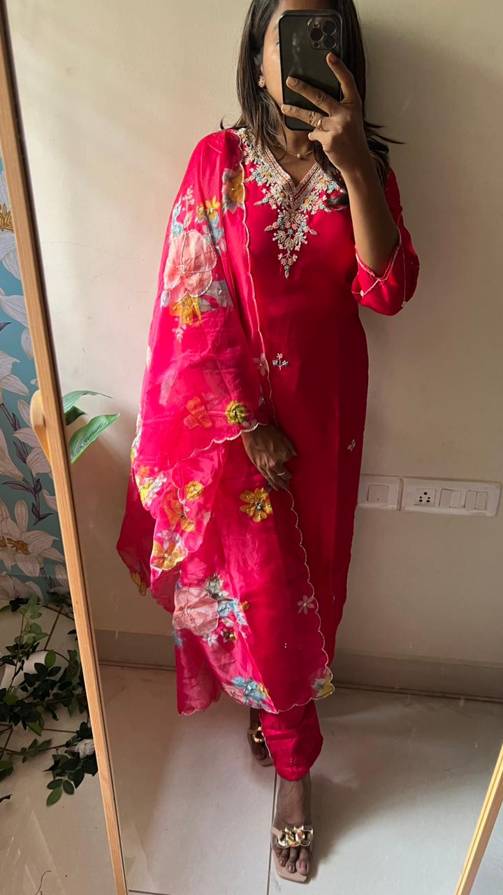 Pure rayon pink embroidery 3 piece kurti suit