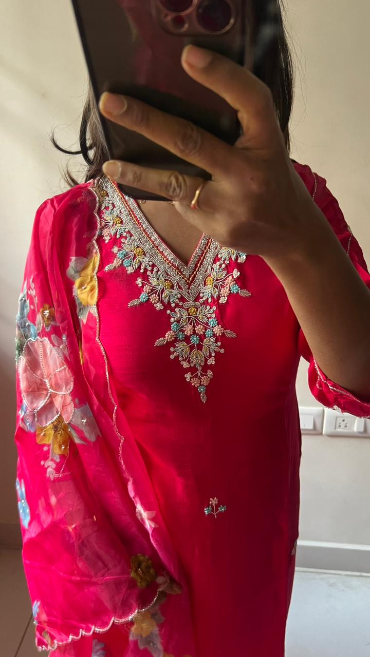 Pure rayon pink embroidery 3 piece kurti suit