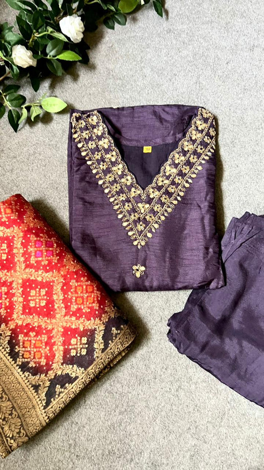 Purple hand embroidery worked 3 piece kurti suit