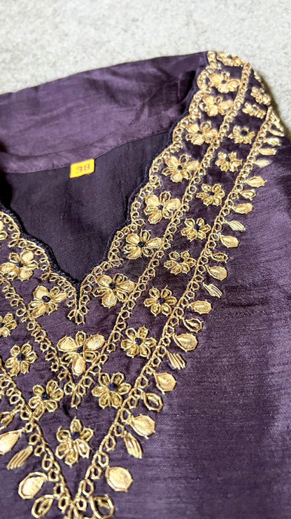 Purple hand embroidery worked 3 piece kurti suit