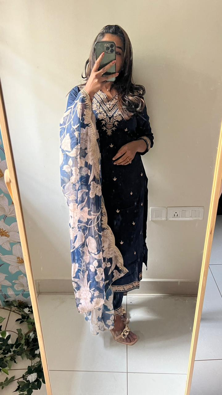 Midnight blue rayon embroidery 3 piece kurti suit