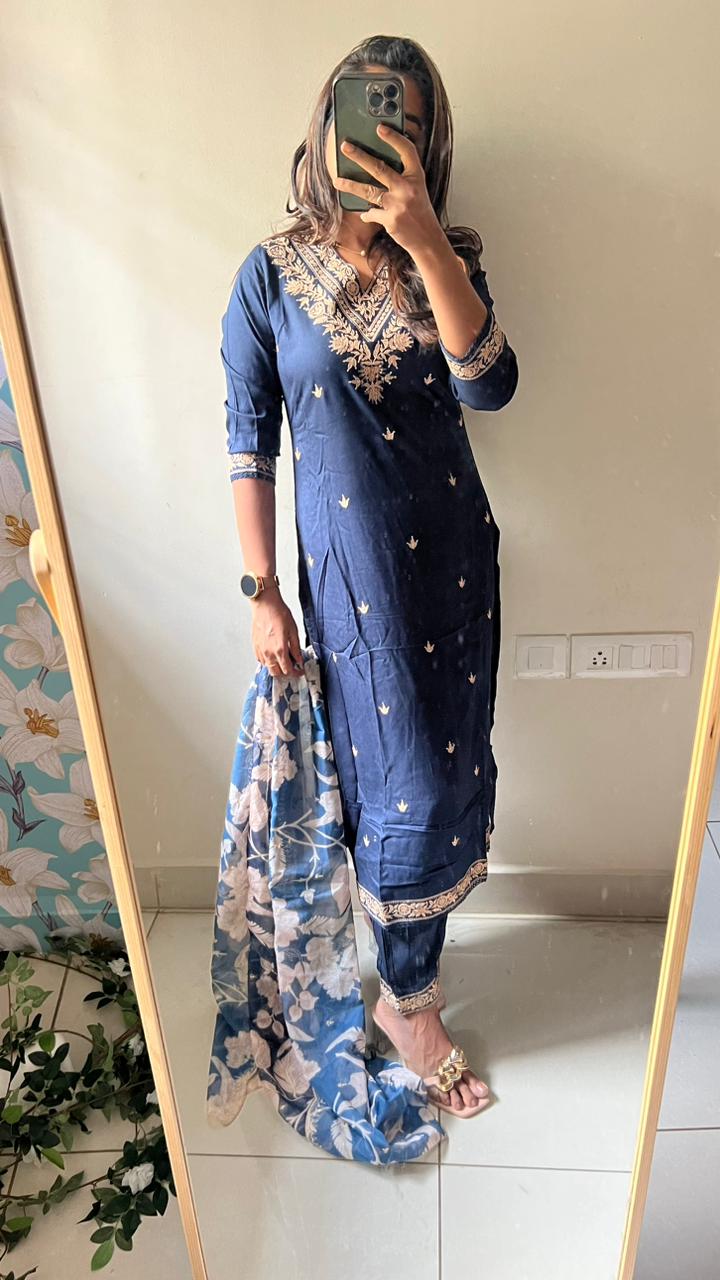 Midnight blue rayon embroidery 3 piece kurti suit