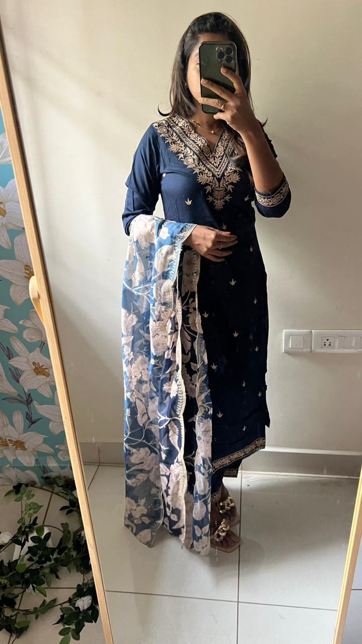 Midnight blue rayon embroidery 3 piece kurti suit