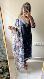 Midnight blue rayon embroidery 3 piece kurti suit