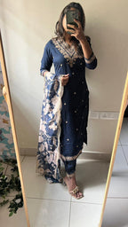 Midnight blue rayon embroidery 3 piece kurti suit
