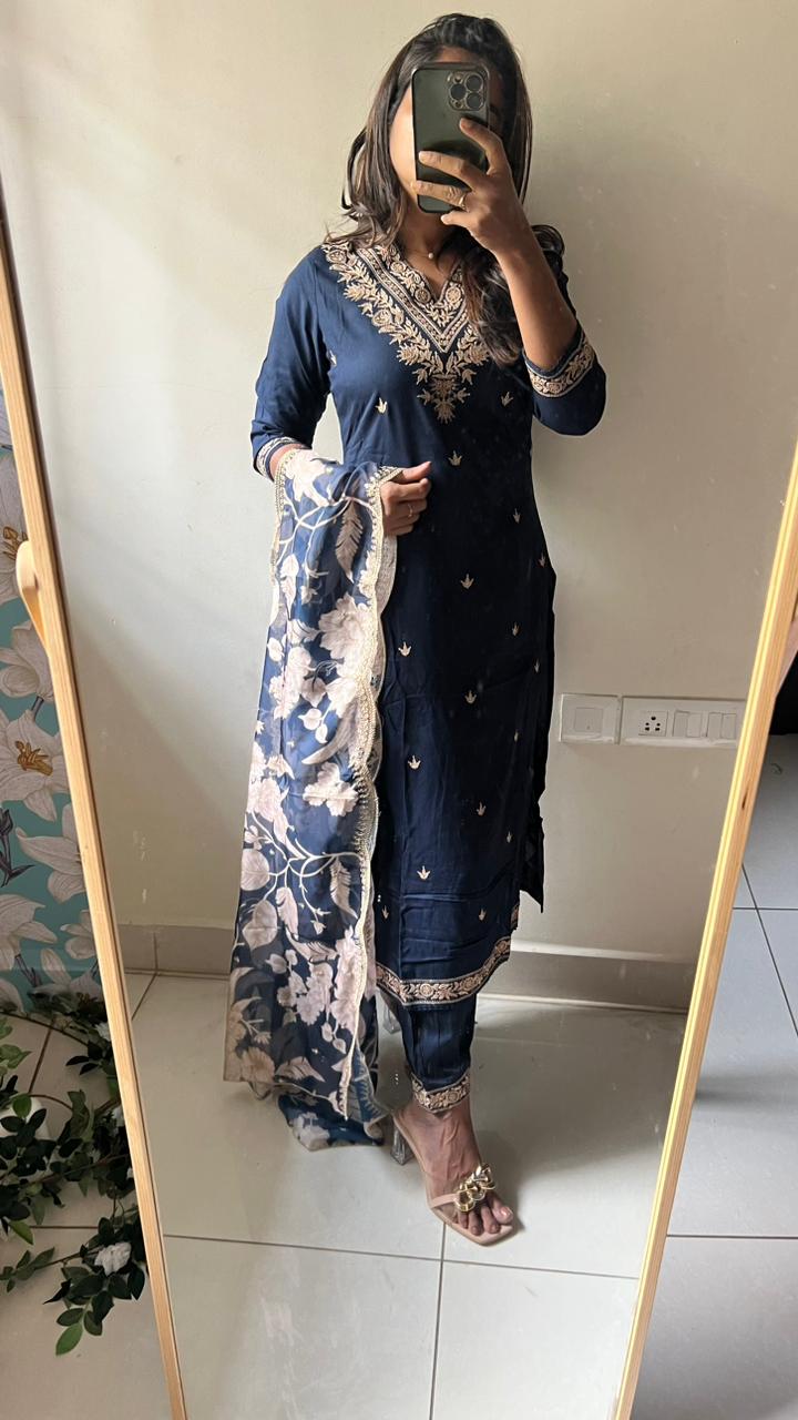 Midnight blue rayon embroidery 3 piece kurti suit