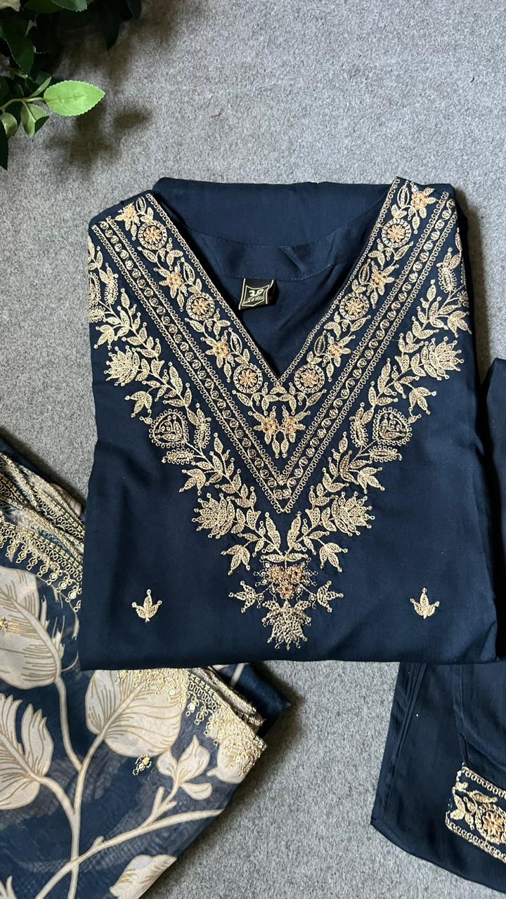 Midnight blue rayon embroidery 3 piece kurti suit