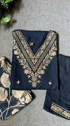 Midnight blue rayon embroidery 3 piece kurti suit