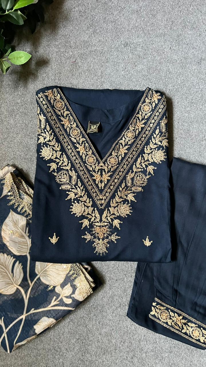 Midnight blue rayon embroidery 3 piece kurti suit