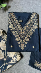 Midnight blue rayon embroidery 3 piece kurti suit