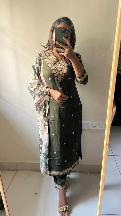 Mehandi green rayon silk embroidery 3 piece kurti suit