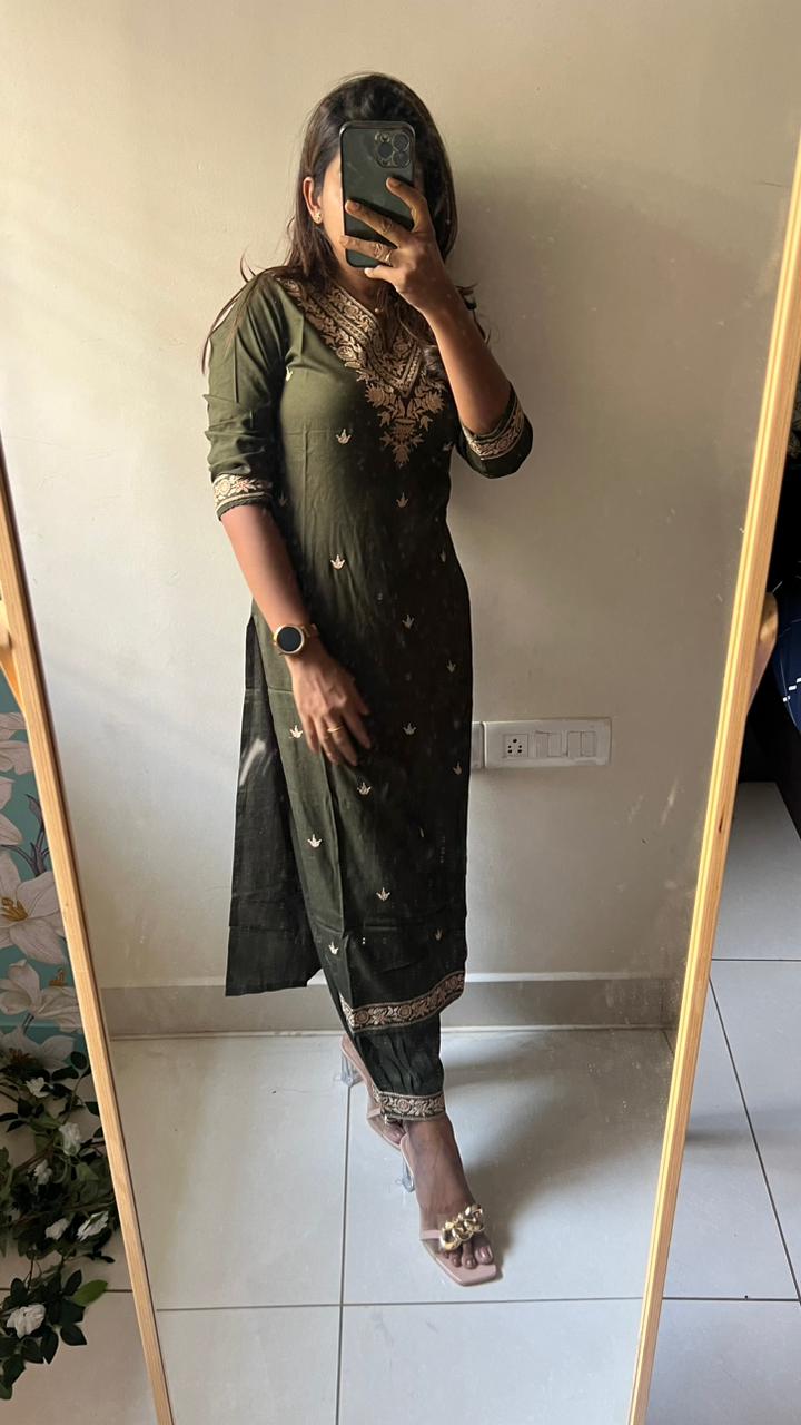 Mehandi green rayon silk embroidery 3 piece kurti suit
