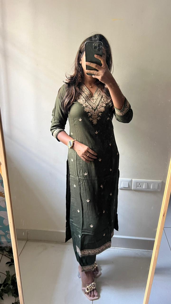 Mehandi green rayon silk embroidery 3 piece kurti suit