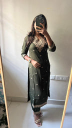 Mehandi green rayon silk embroidery 3 piece kurti suit