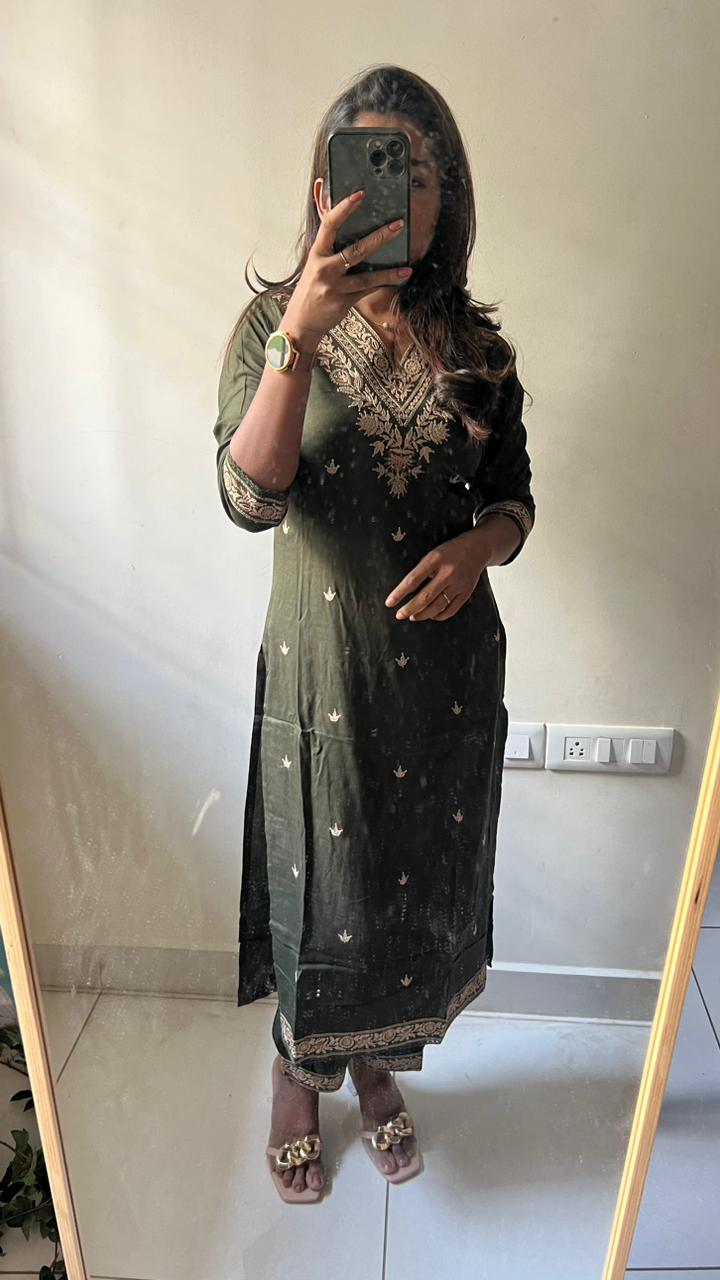 Mehandi green rayon silk embroidery 3 piece kurti suit