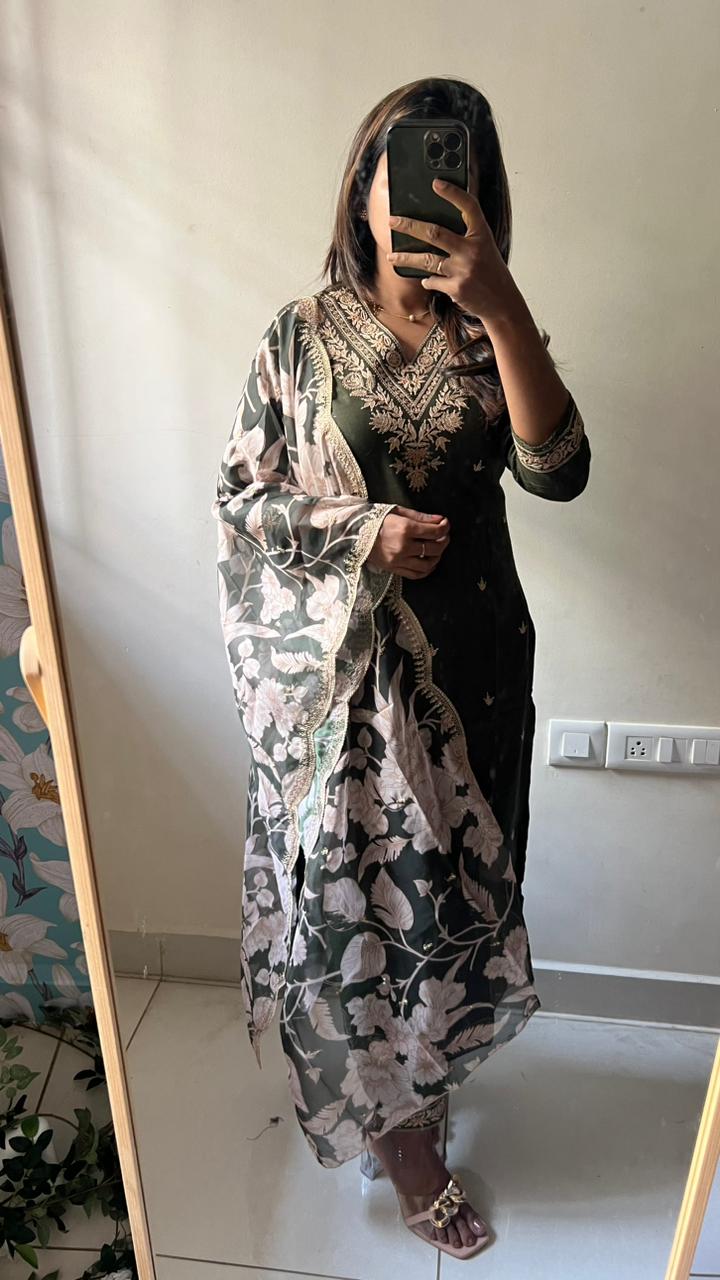 Mehandi green rayon silk embroidery 3 piece kurti suit