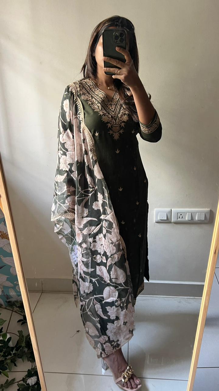 Mehandi green rayon silk embroidery 3 piece kurti suit